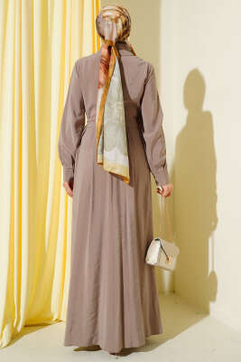 Kuşaklı Yarım Yaka Düğmeli Tensel Elbise Vizon - Elbise