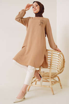 Kuşgözü İp Detaylı Tunik Camel - Tunik
