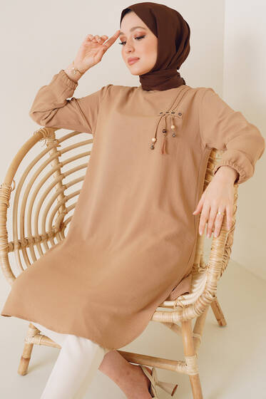 Kuşgözü İp Detaylı Tunik Camel - Tunik