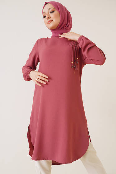 Kuşgözü İp Detaylı Tunik Gül Kurusu - Tunik