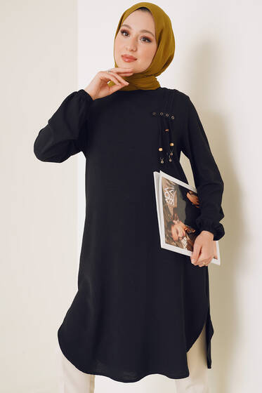 Kuşgözü İp Detaylı Tunik Siyah - Tunik