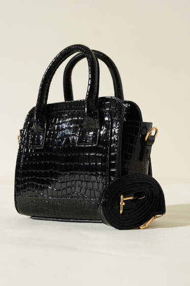 Kutu Model El Çanta Siyah Kroko - Kol Çantası
