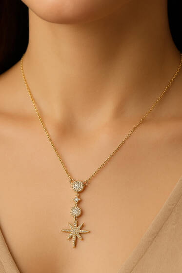 Kutup Yıldızlı Taşlı Kolye Gold - Kolye