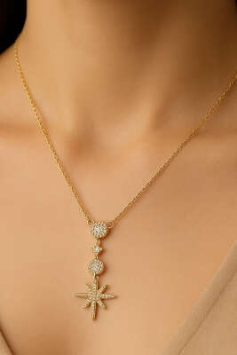 Kutup Yıldızlı Taşlı Kolye Gold - Kolye