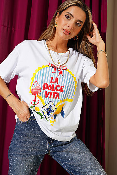 La Dolce Vita Nakışlı T-shirt Beyaz - Kadın Giyim Modelleri