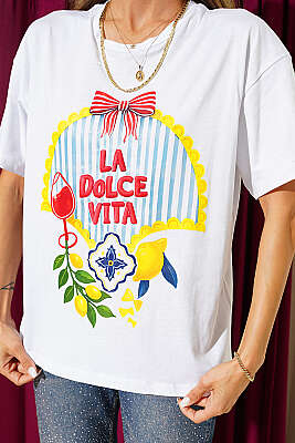 La Dolce Vita Nakışlı T-shirt Beyaz - Kadın Giyim Modelleri