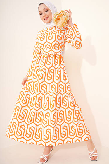 Labirent Desen Elbise Oranj - Tesettür Elbise
