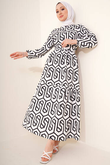 Labirent Desen Elbise Siyah - Tesettür Elbise