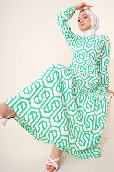Labirent Desen Elbise Yeşil - Tesettür Elbise