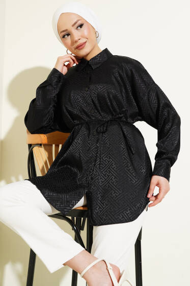 Labirent Desen İp Bağcıklı Jakar Gömlek Siyah - Gömlek