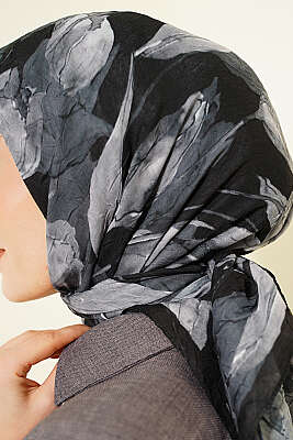 Lale Desen Bambu Kraş Eşarp Antrasit - Başörtüsü