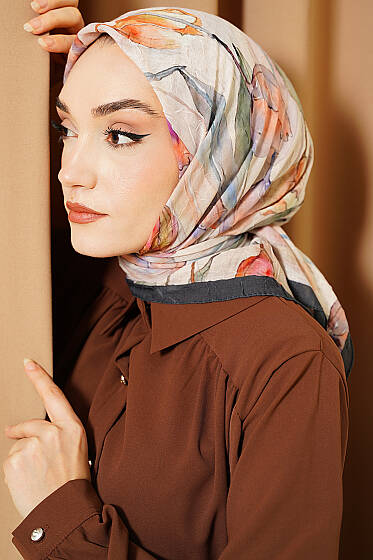 Lale Desen Bambu Kraş Eşarp Bej - Başörtüsü