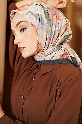 Lale Desen Bambu Kraş Eşarp Bej - Başörtüsü