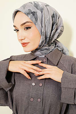 Lale Desen Bambu Kraş Eşarp Gri - VERTU (NYD TEKSTİL)