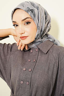 Lale Desen Bambu Kraş Eşarp Gri - Başörtüsü