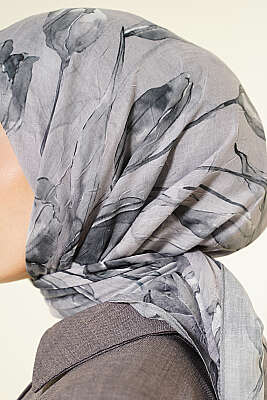 Lale Desen Bambu Kraş Eşarp Gri - Başörtüsü