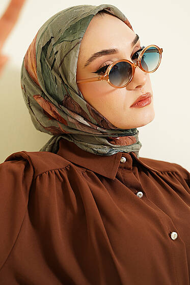 Lale Desen Bambu Kraş Eşarp Haki - Başörtüsü