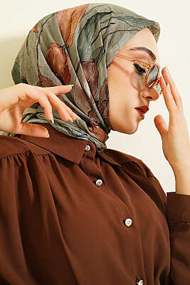 Lale Desen Bambu Kraş Eşarp Haki - Başörtüsü