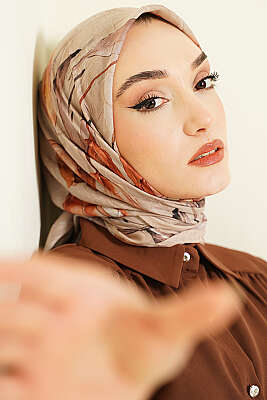 Lale Desen Bambu Kraş Eşarp Kum Bej - VERTU (NYD TEKSTİL)