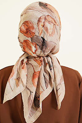 Lale Desen Bambu Kraş Eşarp Kum Bej - Başörtüsü