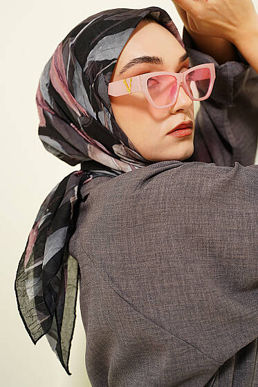 Lale Desen Bambu Kraş Eşarp Siyah - Başörtüsü