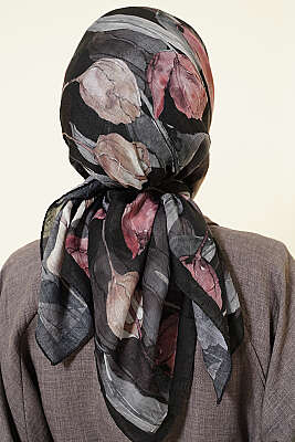 Lale Desen Bambu Kraş Eşarp Siyah - Başörtüsü