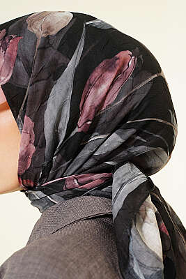 Lale Desen Bambu Kraş Eşarp Siyah - Başörtüsü