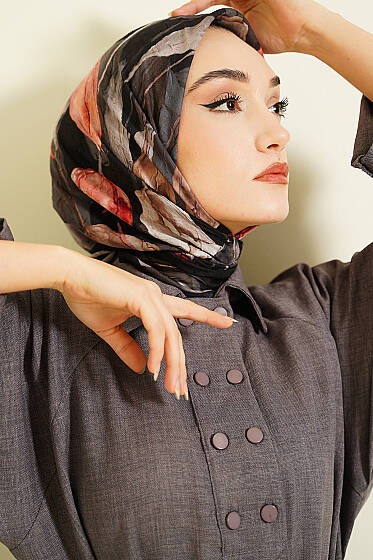 Lale Desen Bambu Kraş Eşarp Siyah Kahve - Başörtüsü