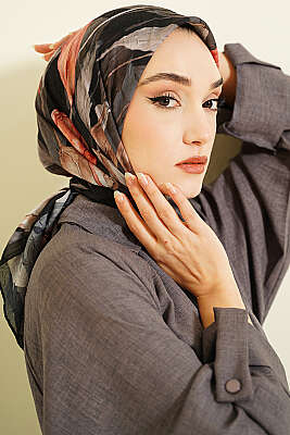 Lale Desen Bambu Kraş Eşarp Siyah Kahve - Başörtüsü