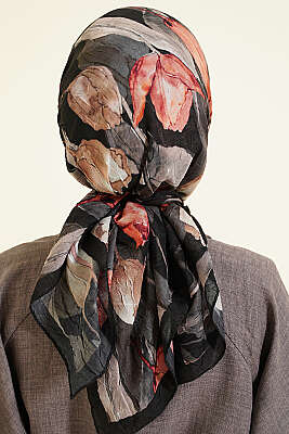 Lale Desen Bambu Kraş Eşarp Siyah Kahve - Başörtüsü