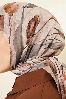 Lale Desen Bambu Kraş Eşarp Vanilya - Başörtüsü