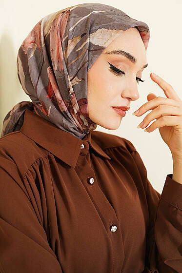 Lale Desen Bambu Kraş Eşarp Vizon - Başörtüsü