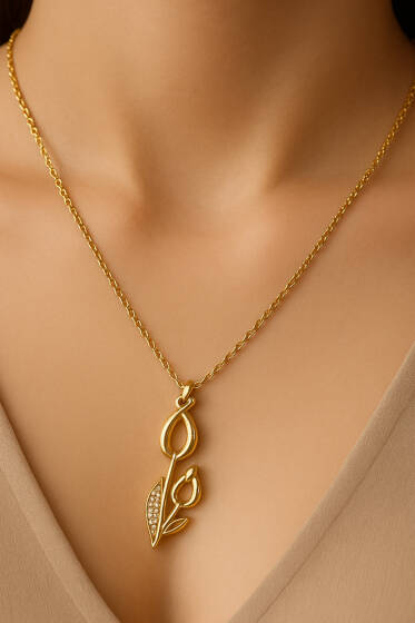 Lale Desen Taşlı Kolye Gold - Kolye