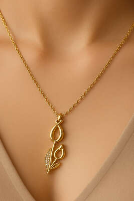 Lale Desen Taşlı Kolye Gold - Kolye