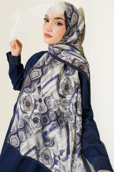 Lalezar Desen Modal Şal Lacivert - Başörtüsü