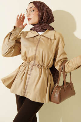 Lastikli Bel Tünelli Fermuarlı Ceket Bej - ZAMANE (QSS)