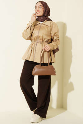 Lastikli Bel Tünelli Fermuarlı Ceket Bej - Ceket