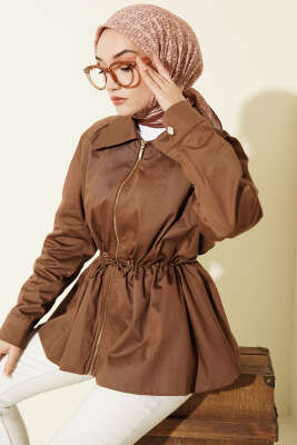 Lastikli Bel Tünelli Fermuarlı Ceket Kestane - ZAMANE (QSS)