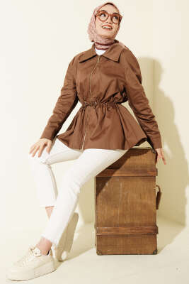 Lastikli Bel Tünelli Fermuarlı Ceket Kestane - Ceket