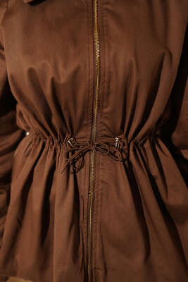 Lastikli Bel Tünelli Fermuarlı Ceket Kestane - Ceket