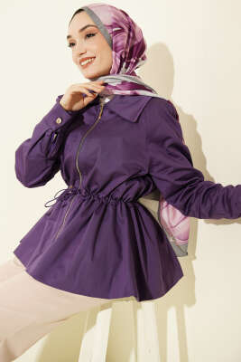 Lastikli Bel Tünelli Fermuarlı Ceket Mor - ZAMANE (QSS)