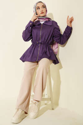 Lastikli Bel Tünelli Fermuarlı Ceket Mor - Ceket