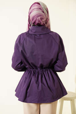 Lastikli Bel Tünelli Fermuarlı Ceket Mor - Ceket