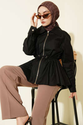 Lastikli Bel Tünelli Fermuarlı Ceket Siyah - ZAMANE (QSS)