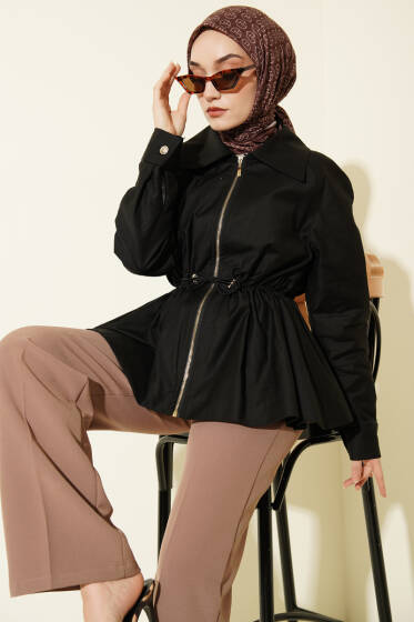 Lastikli Bel Tünelli Fermuarlı Ceket Siyah - Ceket