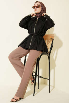 Lastikli Bel Tünelli Fermuarlı Ceket Siyah - Ceket