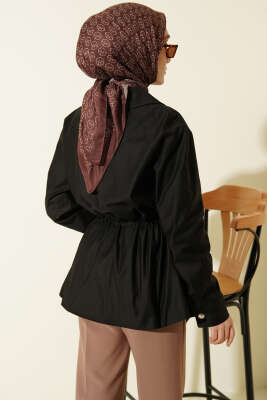 Lastikli Bel Tünelli Fermuarlı Ceket Siyah - Ceket