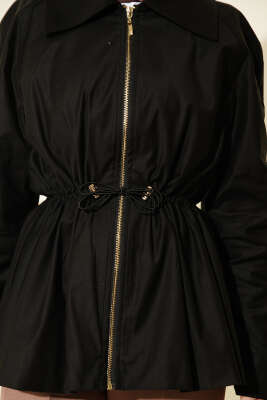 Lastikli Bel Tünelli Fermuarlı Ceket Siyah - Ceket