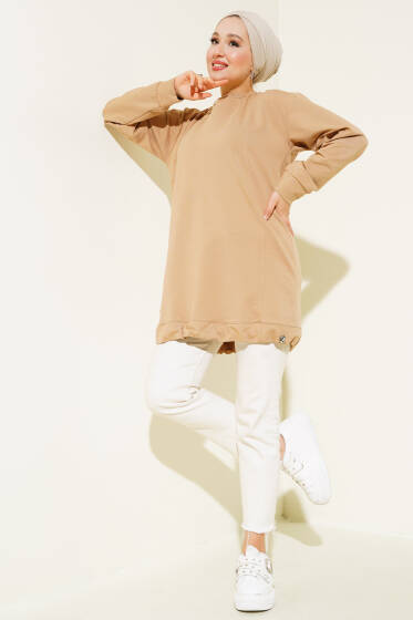 Lastikli Kenar Düğmeli Tunik Camel - Tunik