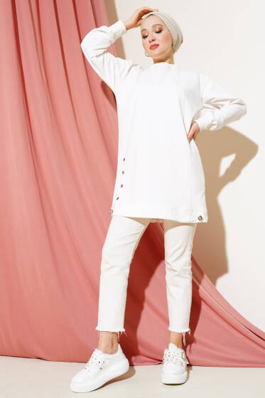 Lastikli Kenar Düğmeli Tunik Ekru - Tunik